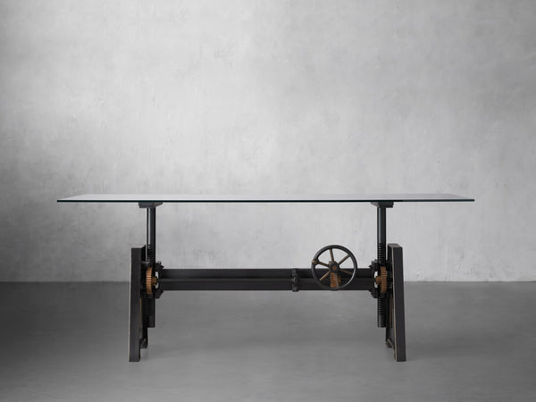 Industrial Crank Desk with Glass Top and Large Black Rubbed Copper Base