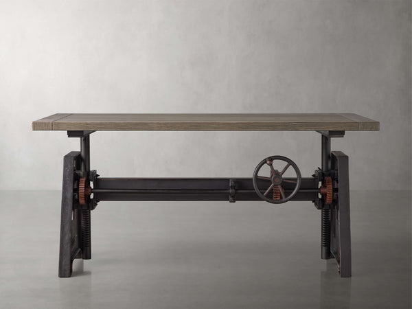 Industrial Crank Desk with Wynn Top and Large Black Rubbed Copper Base