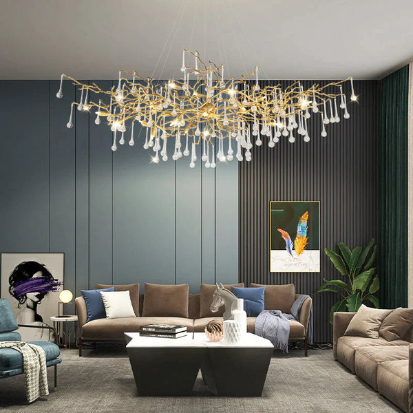 Modern Crystal Teardrop Brass Branch Chandelier For Living Room