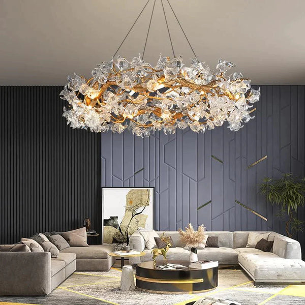 Modern Petal Crystal Round Brass Branch Chandelier For Living Room